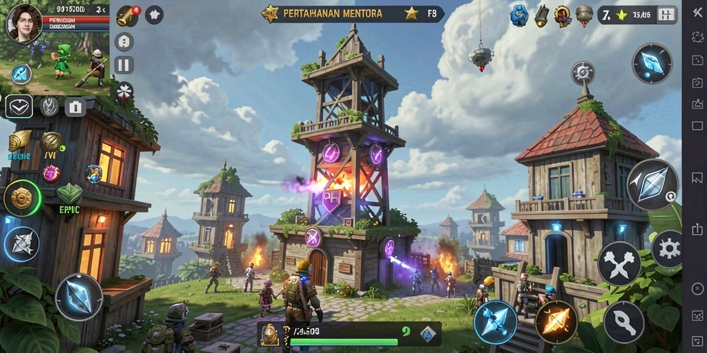 Screenshot gameplay FO8 yang menunjukkan aksi pertahanan menara.