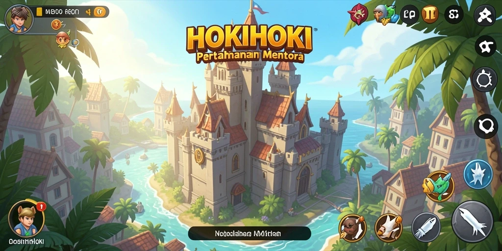Tampilan gameplay HOKIHOKI dengan menara mempertahankan wilayah dari serangan musuh.