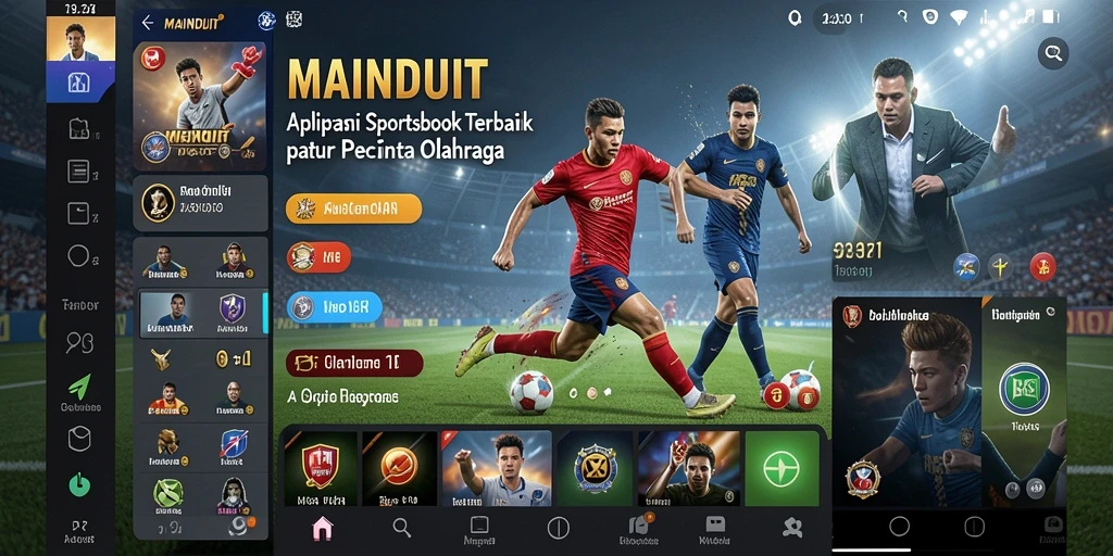 Screenshot MAINDUIT menampilkan tampilan antarmuka aplikasi Sportsbook yang menarik.
